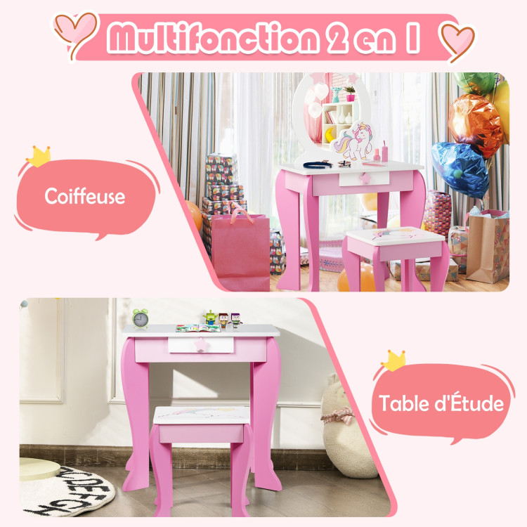 Kids Wooden Makeup Dressing Table and Chair Set with Mirror and DrawerCostway Gallery View 3 of 12