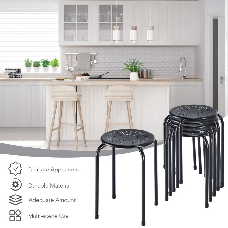Set of 6 Stackable Multifunctional Daisy Design Backless Round Metal Stool Set-BlackCostway Gallery View 9 of 10