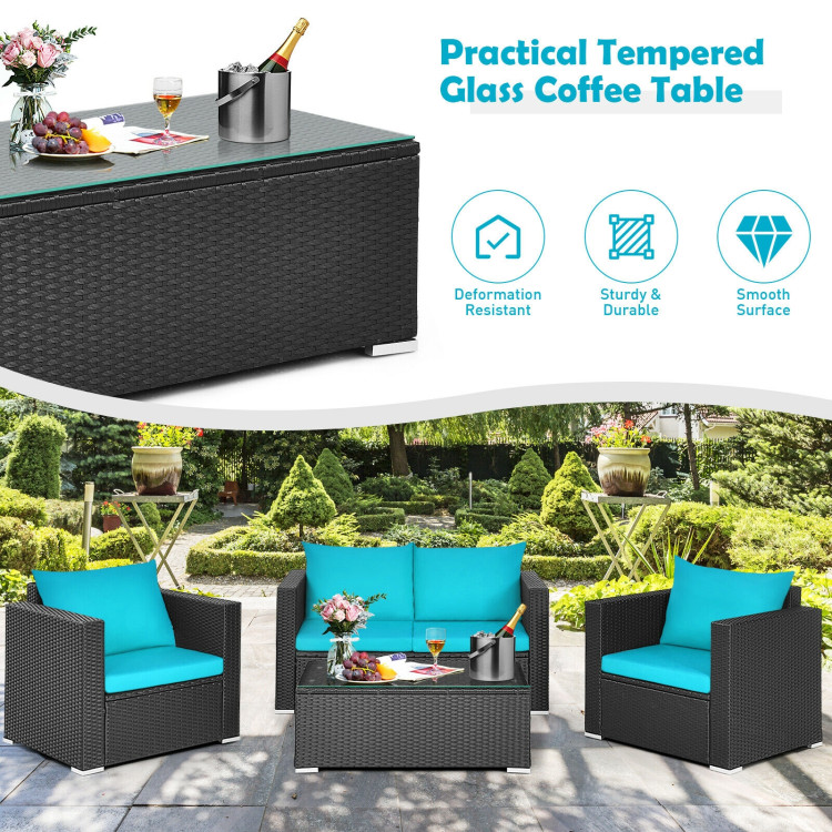 4Pcs Patio Rattan Cushioned Furniture Set-TurquoiseCostway Gallery View 10 of 11