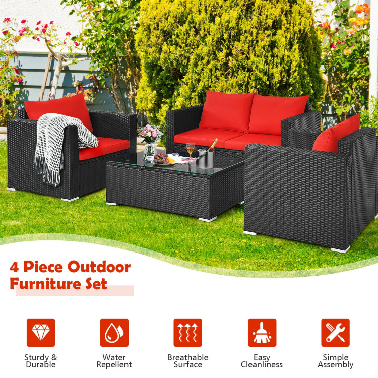 4 Pieces Patio Rattan Conversation Set with Padded Cushion and Tempered Glass Coffee Table-RedCostway Gallery View 5 of 11