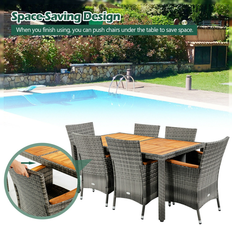 7 Pieces Patio Acacia Wood Cushioned Rattan Dining SetCostway Gallery View 12 of 12