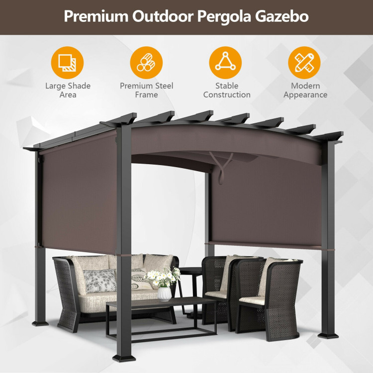 10 x 10 Feet Outdoor Retractable Pergola with Adjustable Sliding Sun Shade Canopy-BrownCostway Gallery View 2 of 10