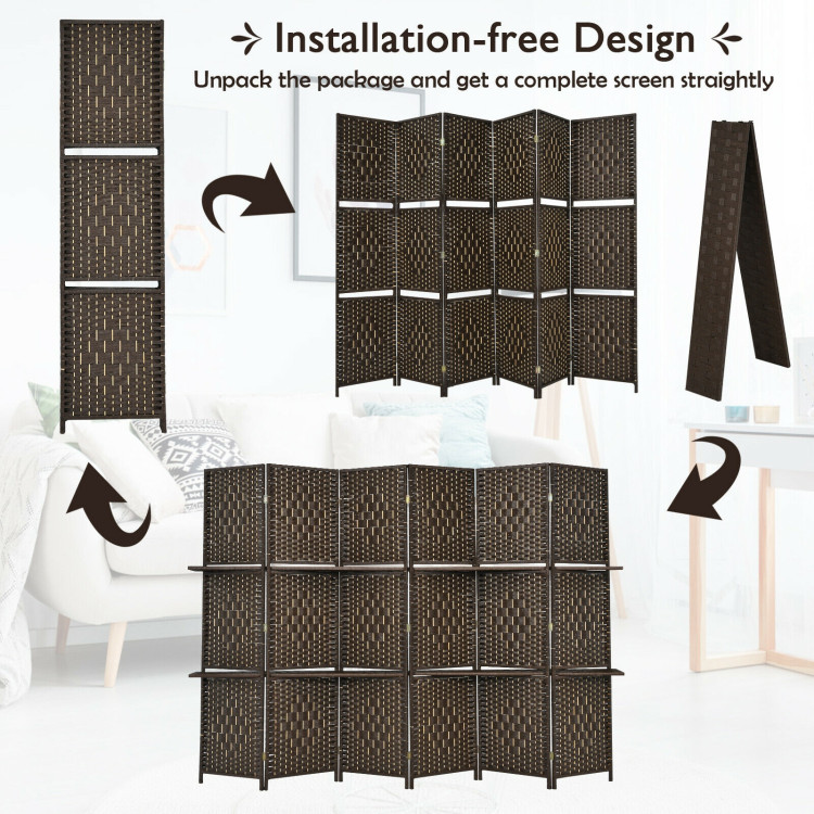 6 Panel Folding Weave Fiber Room Divider with 2 Display Shelves -BrownCostway Gallery View 10 of 11