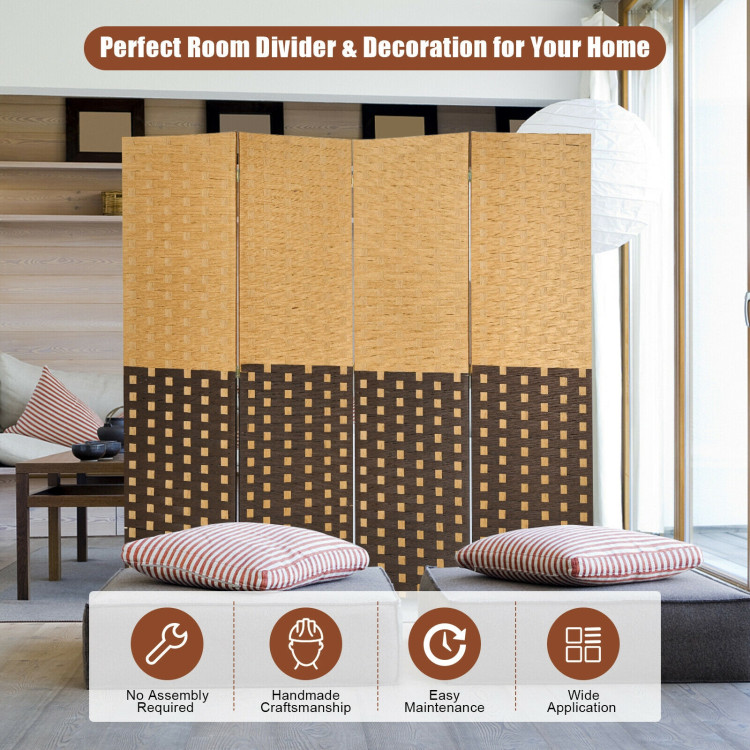 4 Panel Portable Folding Hand-Woven Wall Divider Suitable for Home Office-BrownCostway Gallery View 5 of 10