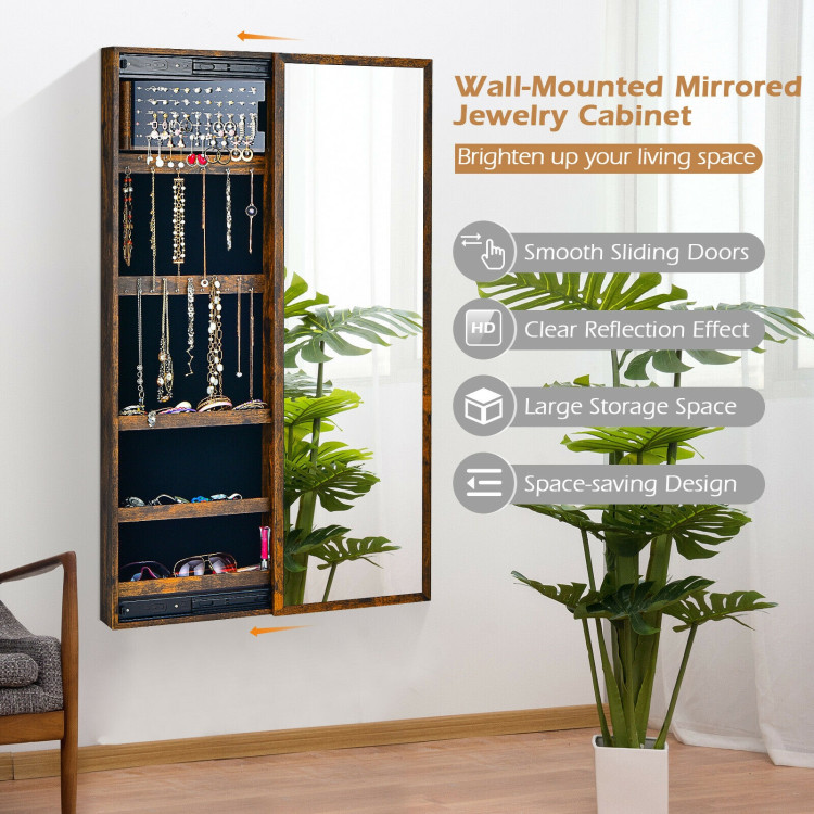 Wall Mounted Jewelry Full-Length Mirror Slide Cabinet Armoire-Rustic BrownCostway Gallery View 2 of 12