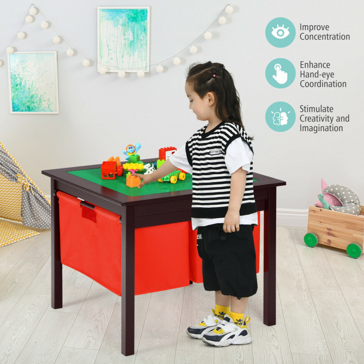 2-in-1 Kids Double-sided Activity Building Block Table with Drawers-BrownCostway Gallery View 10 of 12