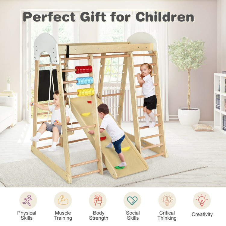 Indoor Playground Climbing Gym Wooden 8-in-1 Climber Playset for Children-NaturalCostway Gallery View 3 of 10