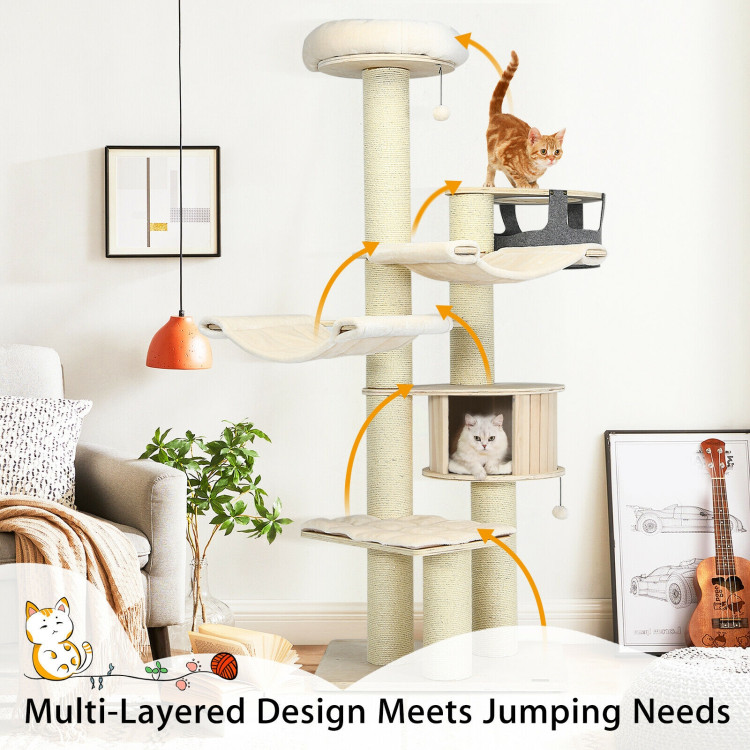 77.5-Inch Cat Tree Condo Multi-Level Kitten Activity Tower with Sisal Posts-Cream WhiteCostway Gallery View 3 of 10