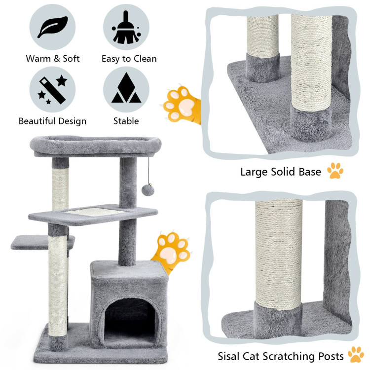 Cat Tree with Perch and Hanging Ball for Indoor Activity Play and Rest-GrayCostway Gallery View 9 of 10
