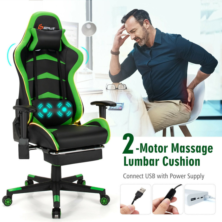 Massage LED Gaming Chair with Lumbar Support and Footrest-GreenCostway Gallery View 9 of 12