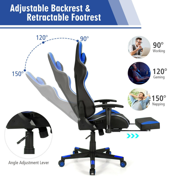 Massage LED Gaming Chair with Lumbar Support and Footrest-BlueCostway Gallery View 5 of 10