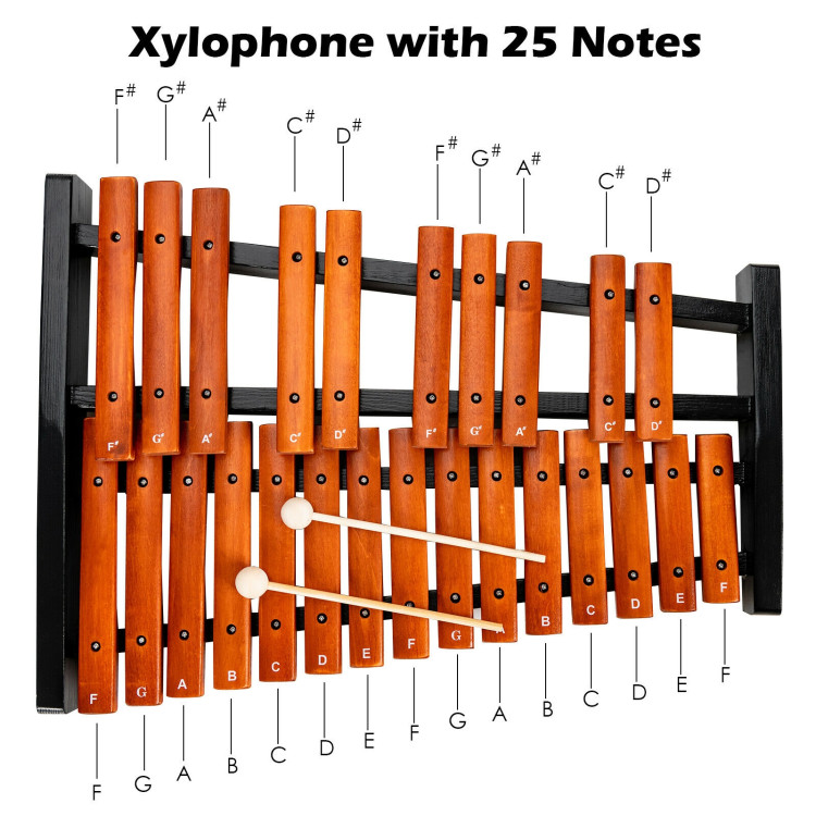 25 Notes Xylophone Wooden Percussion Educational Instrument with 2 MalletsCostway Gallery View 12 of 12