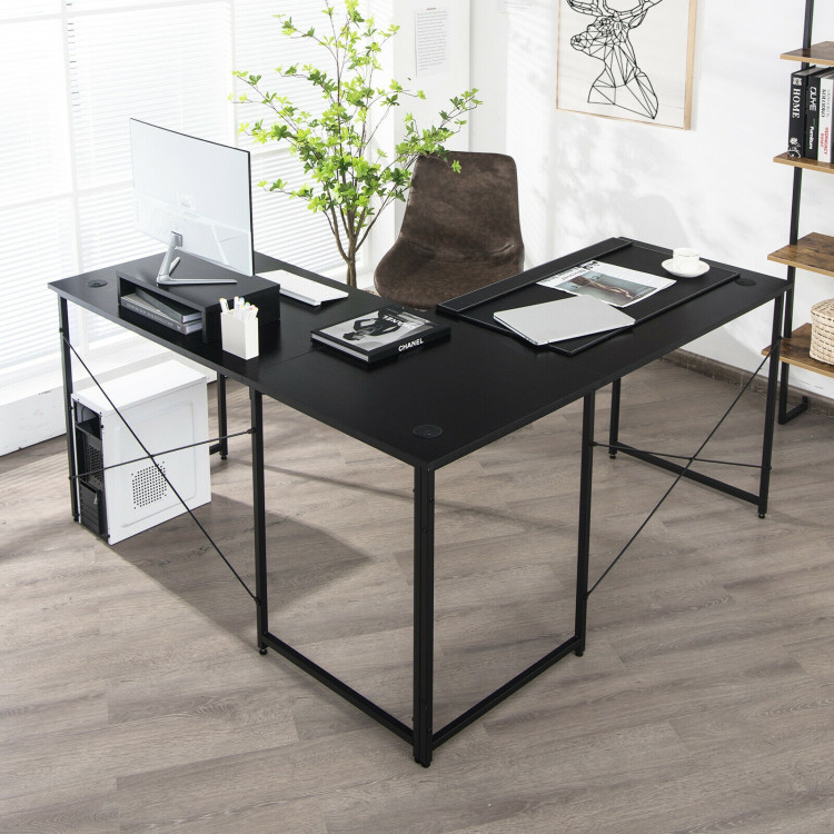 95 Inch 2-Person L-Shaped Long Reversible Computer Desk with Monitor Stand-BlackCostway Gallery View 7 of 11