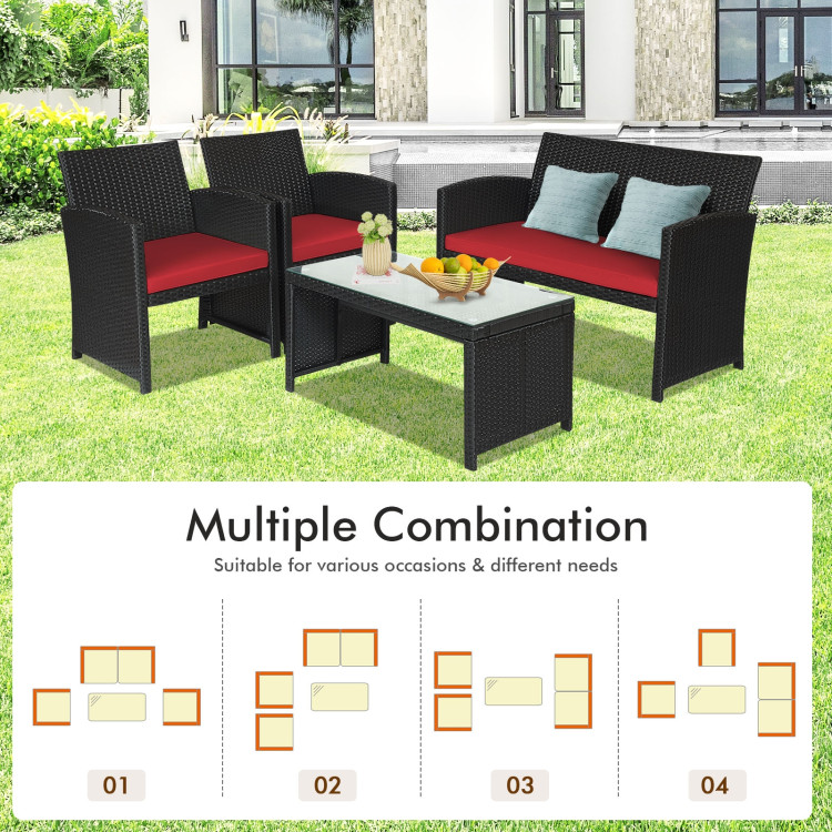 4 Pcs Wicker Conversation Furniture Set Patio Sofa and Table Set-RedCostway Gallery View 8 of 9