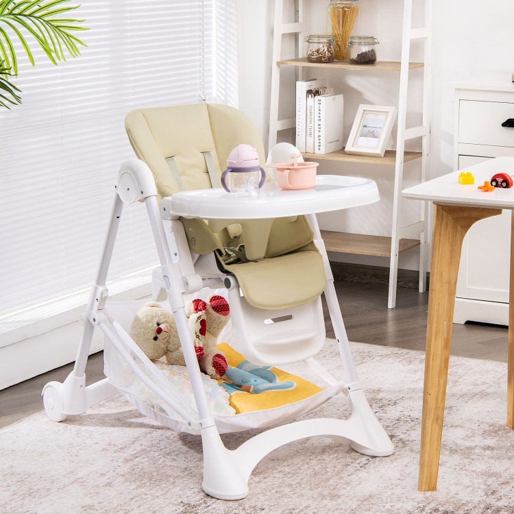 Baby Convertible Folding Adjustable High Chair with Wheel Tray Storage Basket -BeigeCostway Gallery View 8 of 14