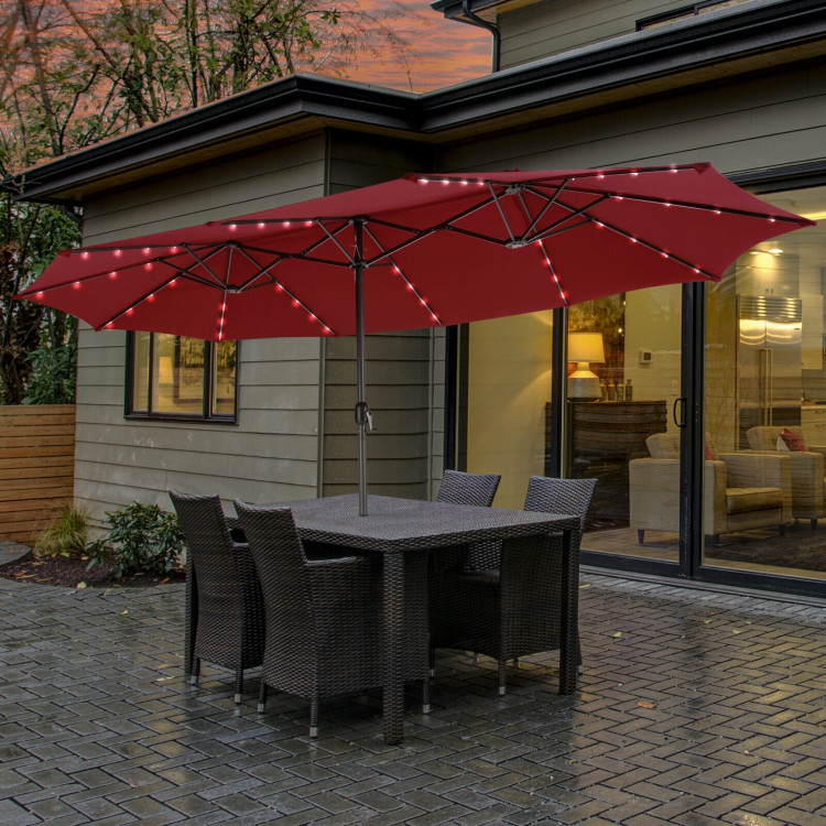 15 Ft Patio LED Crank Solar Powered 36 Lights  Umbrella without Weight Base-Dark RedCostway Gallery View 7 of 11