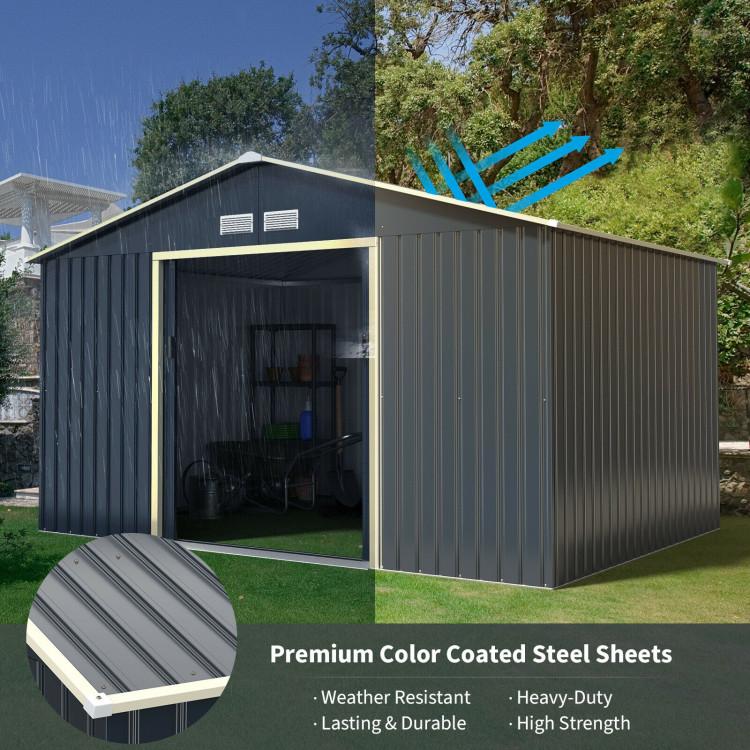 11 x 8 Feet Metal Storage Shed for Garden and Tools with 2 Lockable Sliding Doors-GrayCostway Gallery View 10 of 12