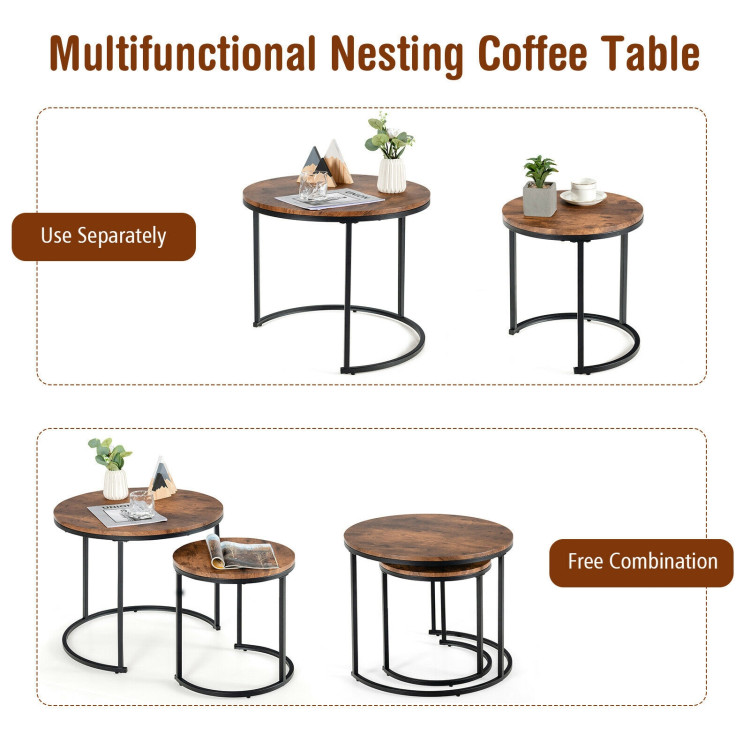 Set of 2 Modern Round Stacking Nesting Coffee Tables for Living Room-Rustic BrownCostway Gallery View 11 of 12
