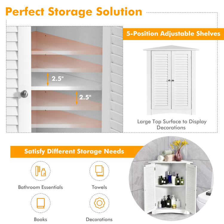 Adjustable Corner Storage Cabinet with Shutter Doors-WhiteCostway Gallery View 2 of 10