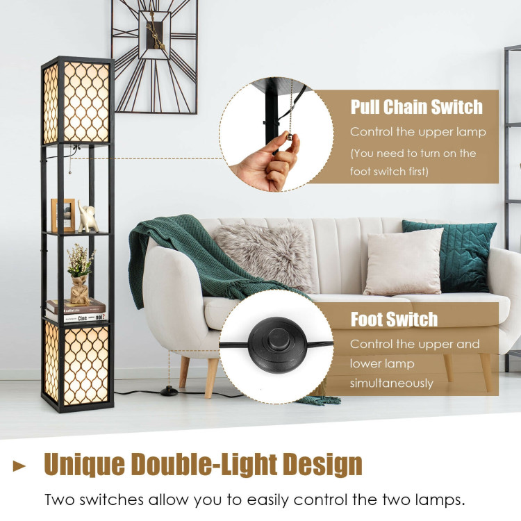 Modern Shelf Freestanding Floor Lamp with Double Lamp Pull Chain and Foot SwitchCostway Gallery View 6 of 11