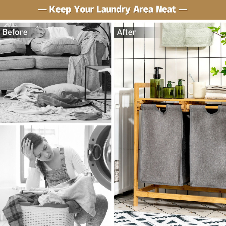Bamboo Laundry Hamper with Dual Compartments Laundry Sorter and Sliding Bags-NaturalCostway Gallery View 10 of 11