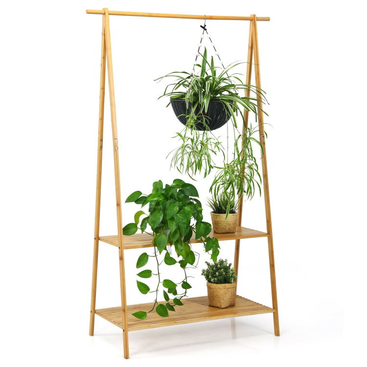 Bamboo Clothes Hanging Rack with 2-Tier Storage Shelf for Entryway Bedroom-NaturalCostway Gallery View 7 of 10