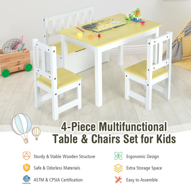 4 Pieces Kids Wooden Activity Table and Chairs Set with Storage Bench and Study Desk-NaturalCostway Gallery View 10 of 12