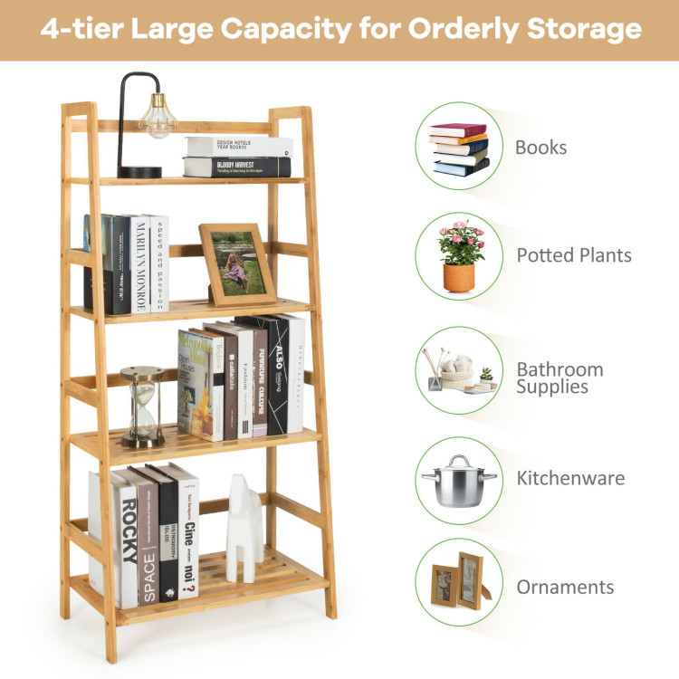 4-Tier Bamboo Bookshelf Ladder Shelf Plant Stand Rack-NaturalCostway Gallery View 3 of 12
