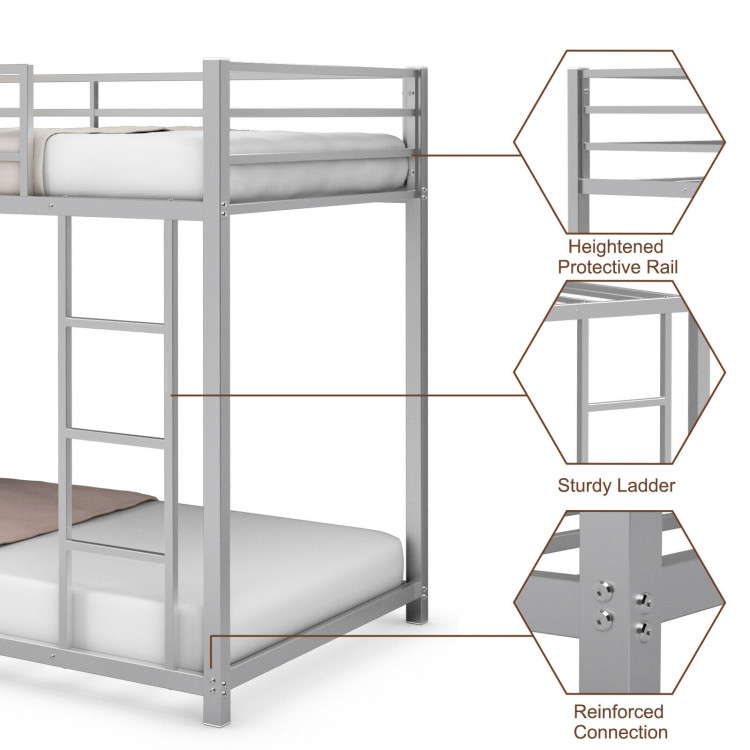 Sturdy Metal Bunk Bed Frame Twin Over Twin with Safety Guard Rails and Side Ladder-SilverCostway Gallery View 13 of 13