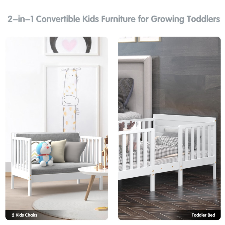 2-in-1 Convertible Kids Wooden Bedroom Furniture with Guardrails-WhiteCostway Gallery View 5 of 12