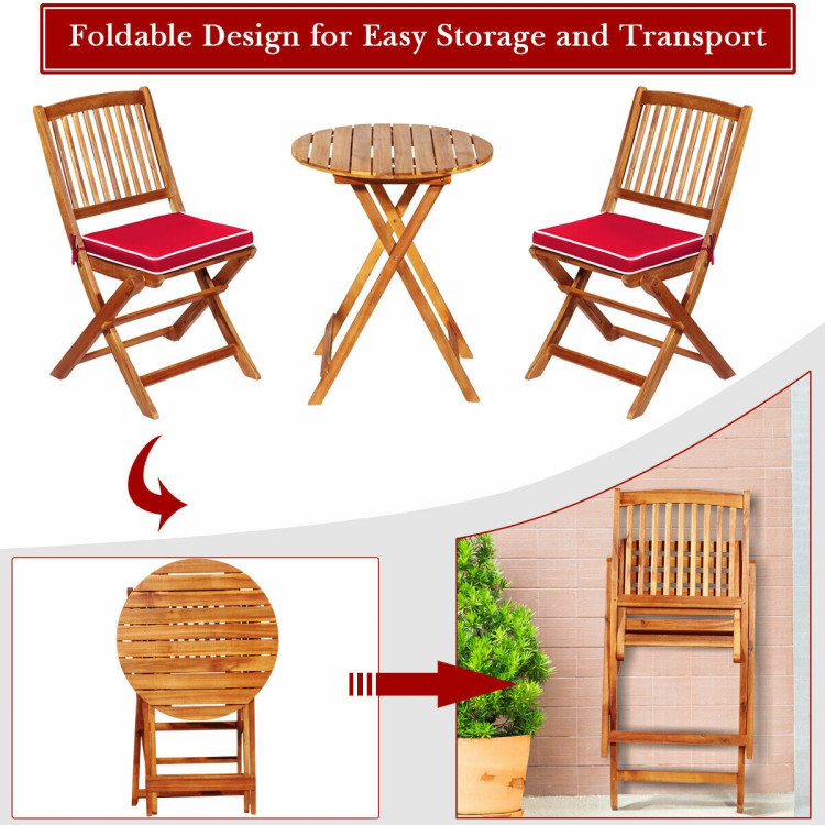 3 Pieces Patio Folding Bistro Set with Padded Cushion and Round Coffee Table-RedCostway Gallery View 5 of 12