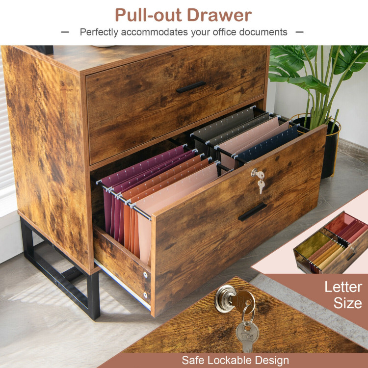Letter Size Lateral File Cabinet with Lock and Bookshelf-Rustic BrownCostway Gallery View 10 of 11