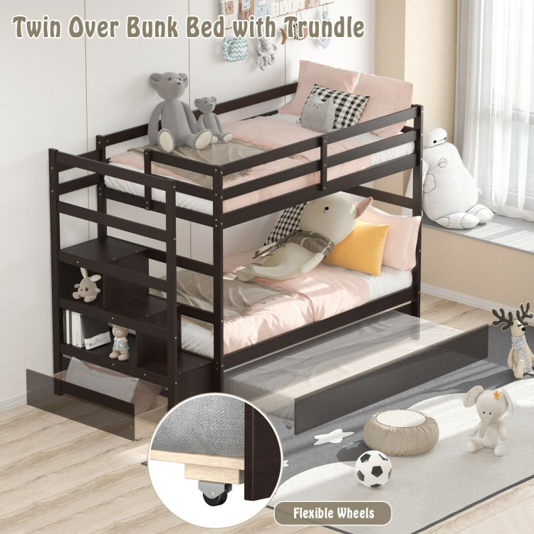 Twin Over Twin Bunk Bed with Storage Shelf and Drawer-Dark BrownCostway Gallery View 3 of 9