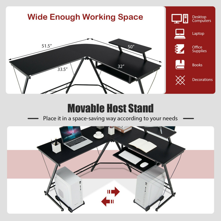 L Shaped Computer Desk Home Office Workstation with Movable Monitor Stand-BlackCostway Gallery View 6 of 11