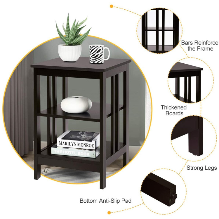 2 Pieces 3-Tier Nightstand with Reinforced Bars and Stable Structure-Dark BrownCostway Gallery View 9 of 9