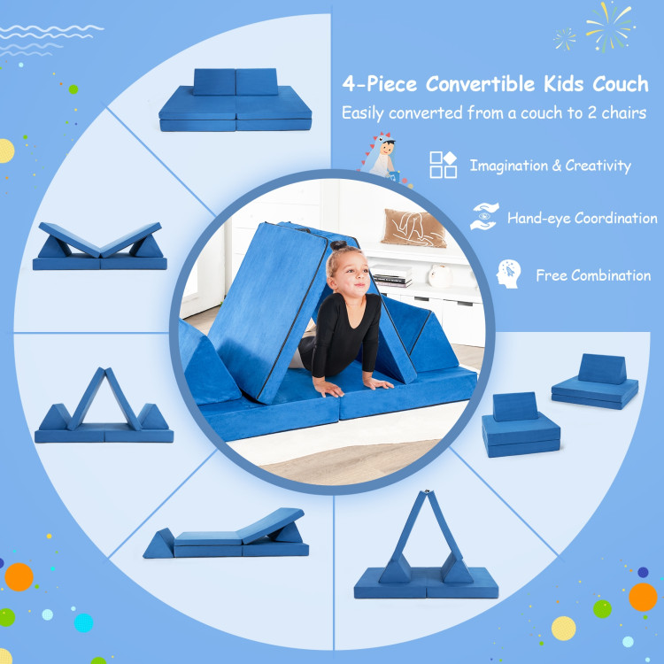 4-Piece Convertible Kids Couch Set with 2 Folding Mats-BlueCostway Gallery View 9 of 10