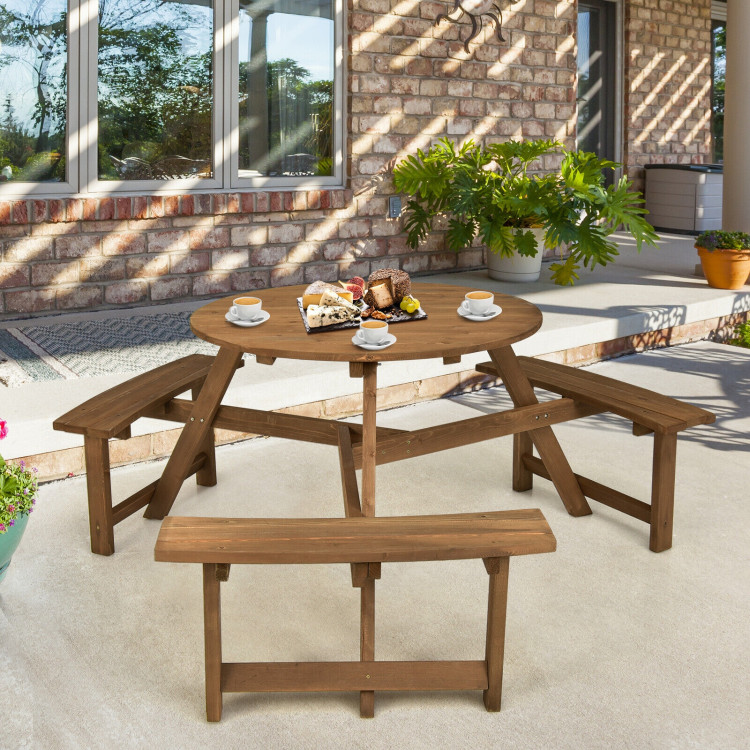 6-person Round Wooden Picnic Table with Umbrella Hole and 3 Built-in Benches-Dark BrownCostway Gallery View 6 of 10