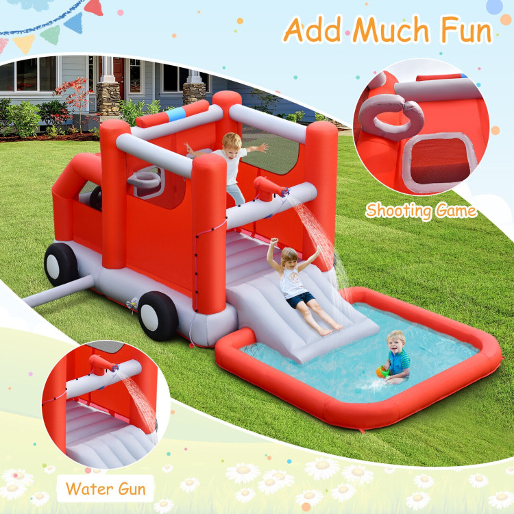 Fire Truck Themed Inflatable Castle Water Park Kids Bounce House with 480W BlowerCostway Gallery View 2 of 12