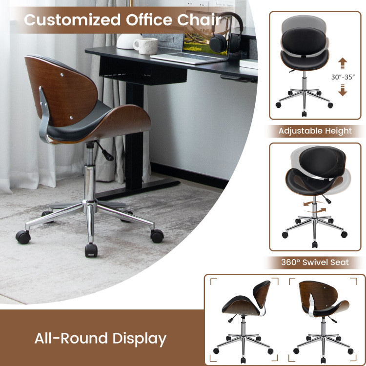 Adjustable Leather Office Chair Swivel Bentwood Desk Chair with Curved Seat-BlackCostway Gallery View 3 of 10