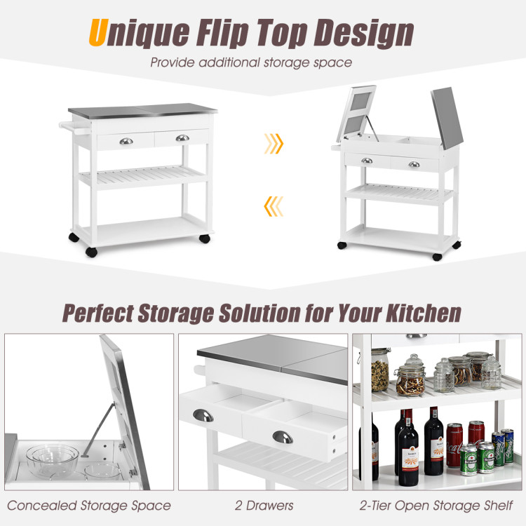 Stainless Steel Mobile Kitchen Trolley Cart With Drawers & Casters-WhiteCostway Gallery View 9 of 10