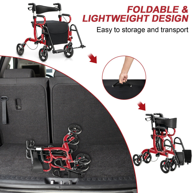 Folding Rollator Walker with 8-inch Wheels and Seat-RedCostway Gallery View 5 of 10