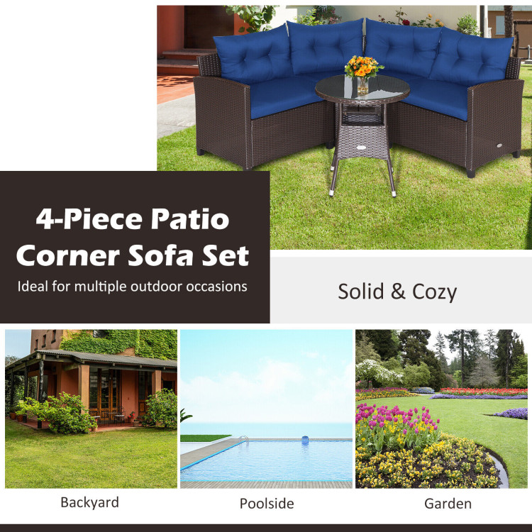 4 Pieces Patio Rattan Furniture Set Cushioned Sofa Glass Table-NavyCostway Gallery View 2 of 11