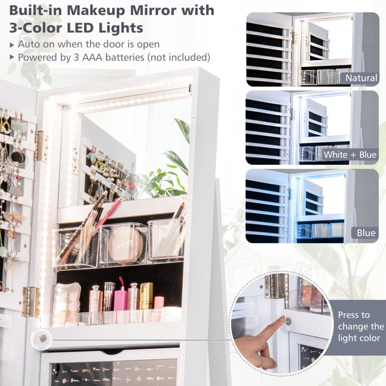 360° Rotating Mirrored Jewelry Cabinet Armoire 3 Color LED Modes Lockable-WhiteCostway Gallery View 10 of 10