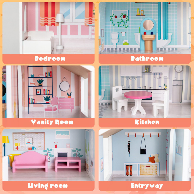 3-Tier Toddler Doll House with Furniture Gift for Age over 3Costway Gallery View 10 of 11