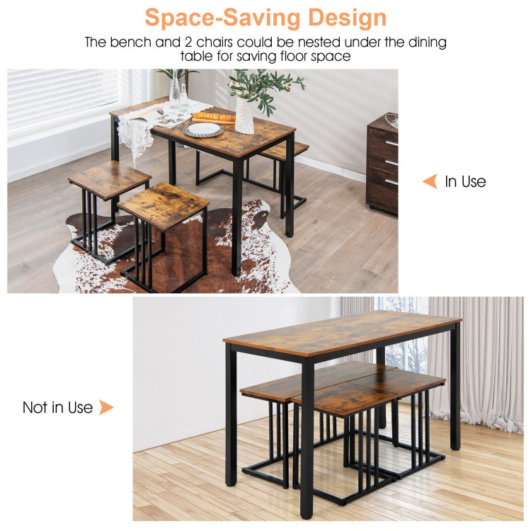 4 Pieces Industrial Dining Table Set with Bench and 2 Stools-BrownCostway Gallery View 10 of 10