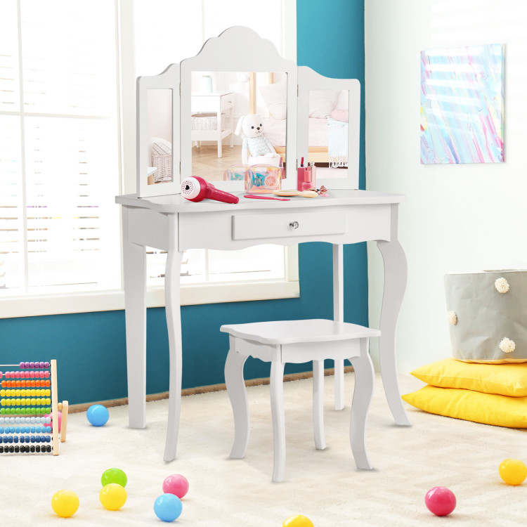 Kids Vanity Table Set with Tri-Folding Mirror and Large Drawer-White | Costway