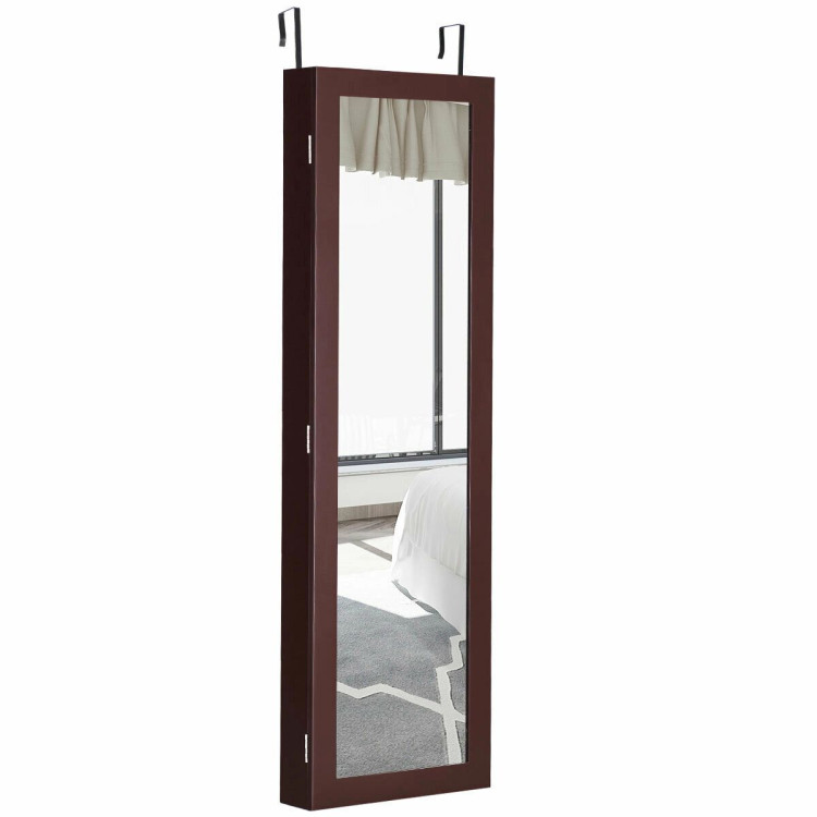 Full Length Mirror Jewelry Cabinet with Ring Slots and Necklace Hooks-Dark BrownCostway Gallery View 7 of 12