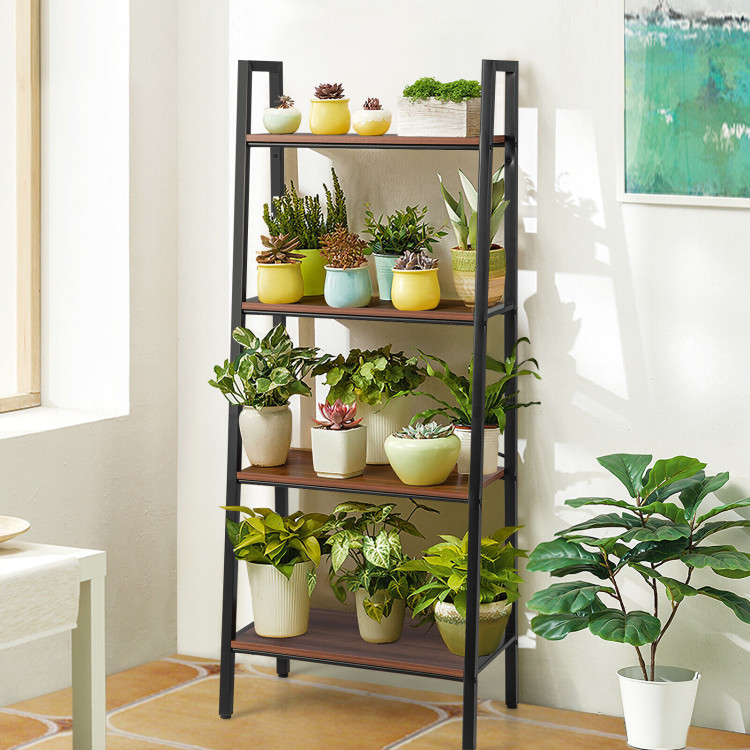 4-Tier Freestanding Open Bookshelf with Metal Frame and Anti-toppling Device-Rustic BrownCostway Gallery View 6 of 10