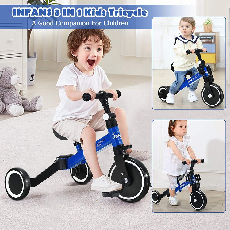 3 in 1 3 Wheel Kids Tricycles with Adjustable Seat and Handlebarfor Ages 1-3-BlueCostway Gallery View 9 of 9