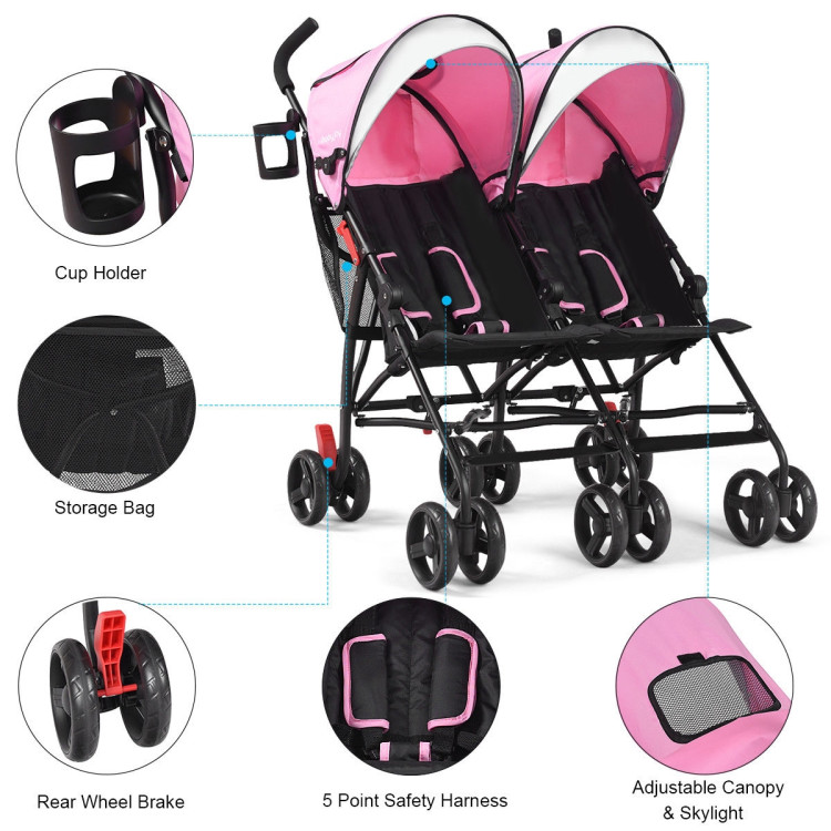 Foldable Twin Baby Double Stroller Ultralight Umbrella Kids Stroller-PinkCostway Gallery View 5 of 7